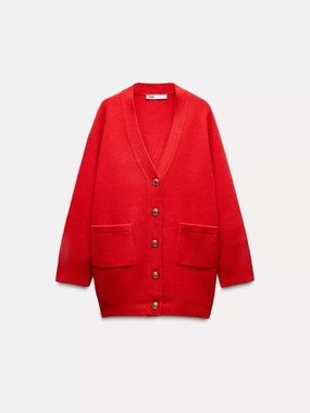 Zara Bright Red Button-Up Pocket Cardigan